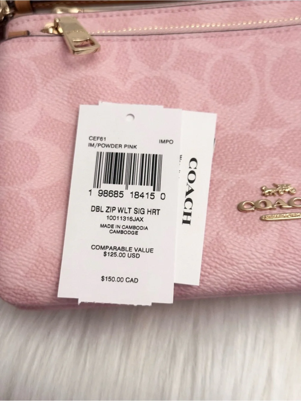NWT Coach CEF61 Double Zip Wristlet In Signature Canvas With Charms Powder Pink